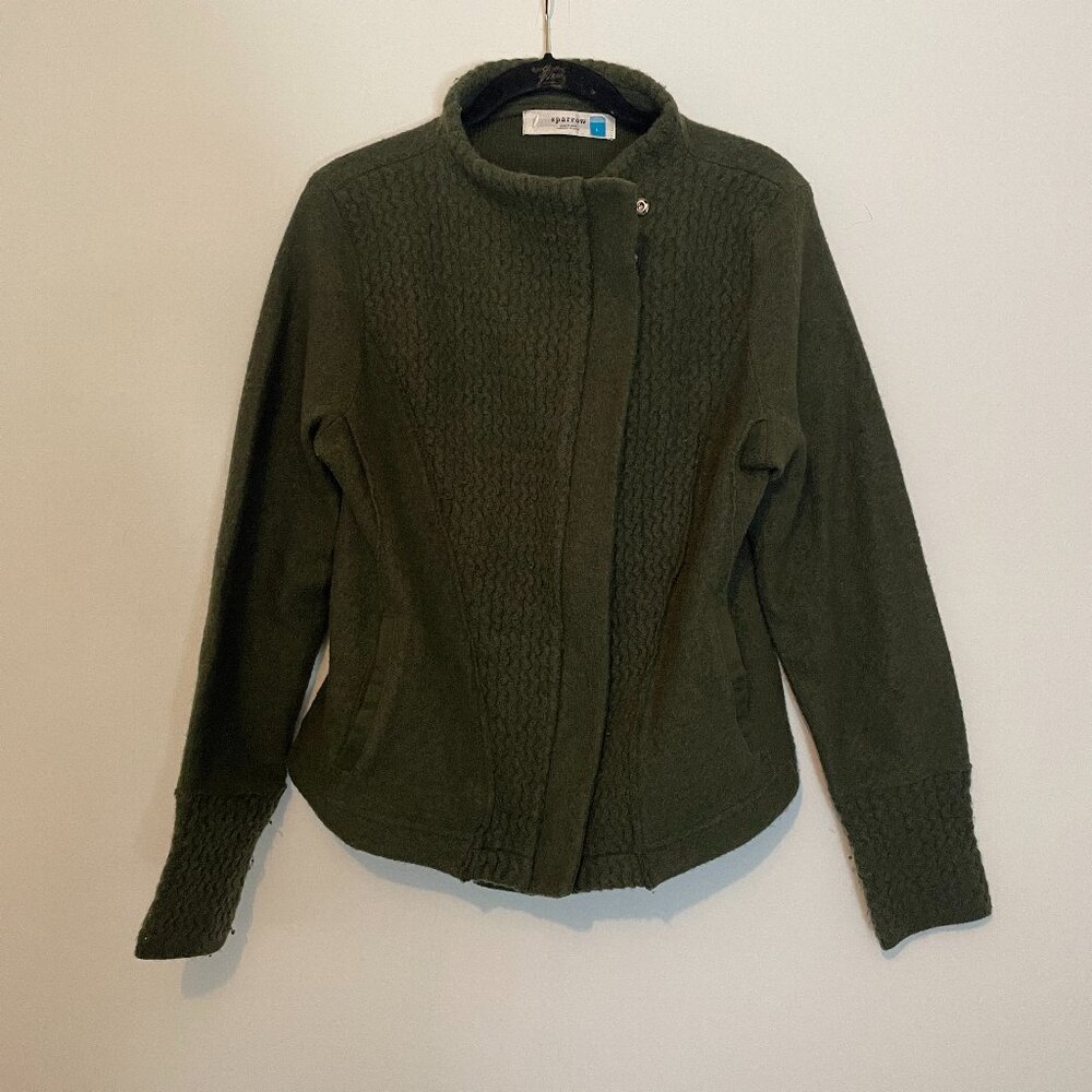 Sparrow Anthropologie - 100% Wool Large Dark Green Full Zip Wool Sweater Jacket